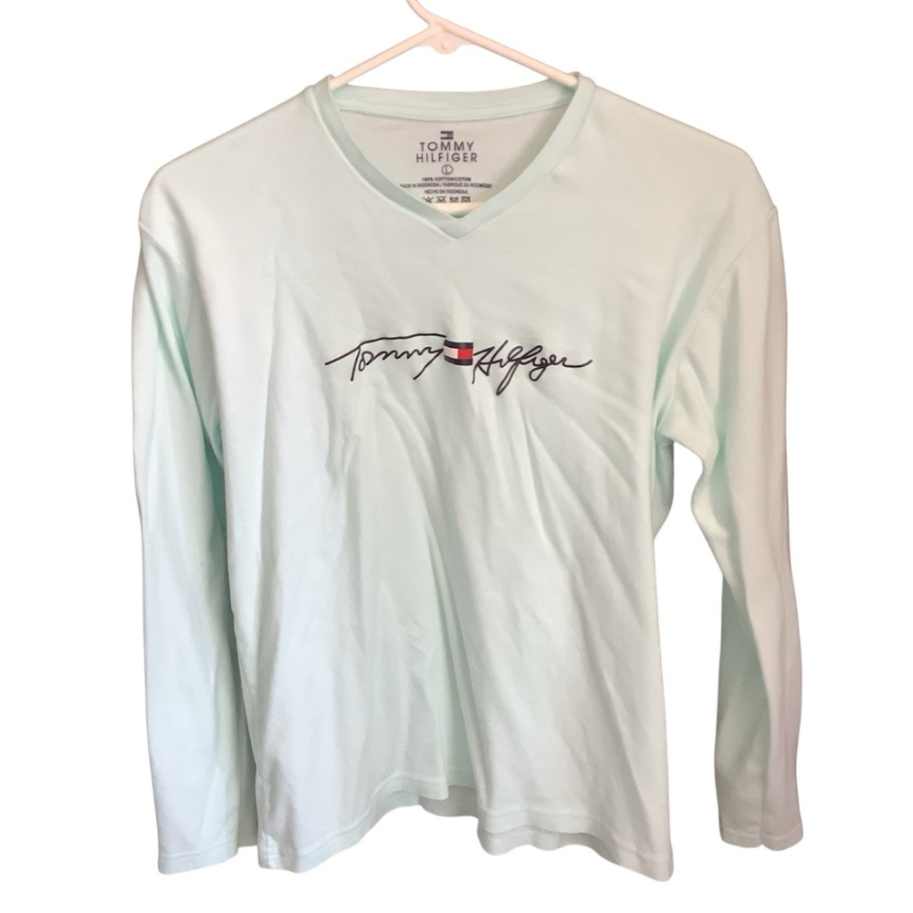 Large Mint Green Tommy Hilfiger Long Slleve Spellout T-shirt 100% Cotton